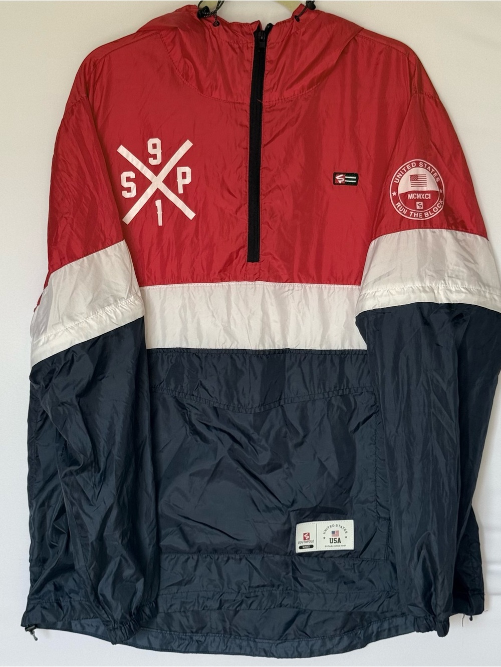 Southpole Red White Navy Colorblock Hooded Pullover Windbreaker  Kangaroo Pocket